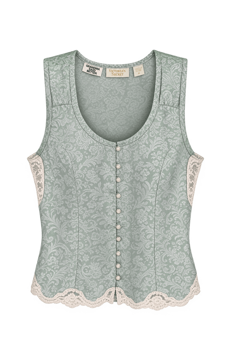 1990s Pale Mint Satin Jacquard Tank Top - Front View
