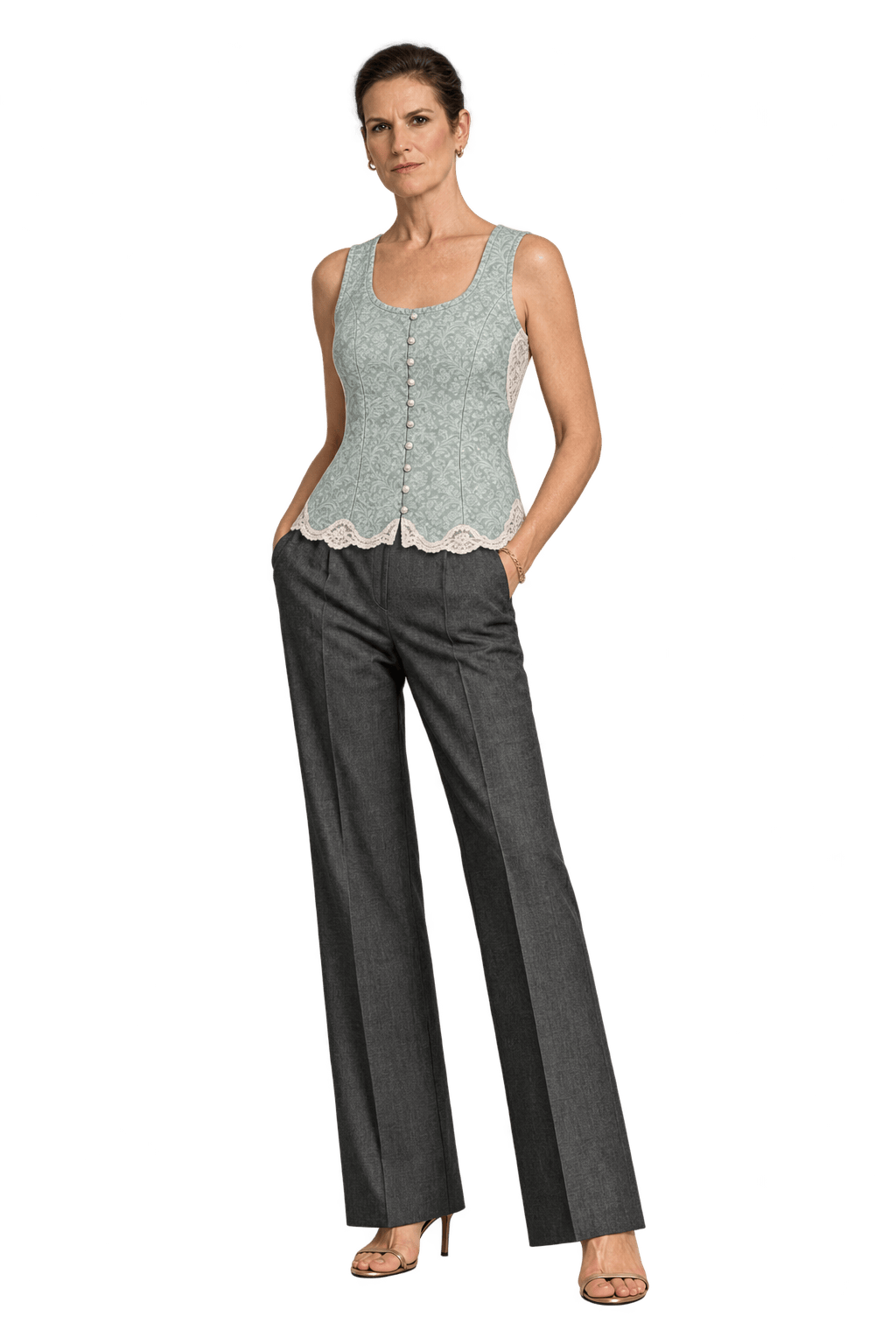 1990s Pale Mint Satin Jacquard Tank Top - Model