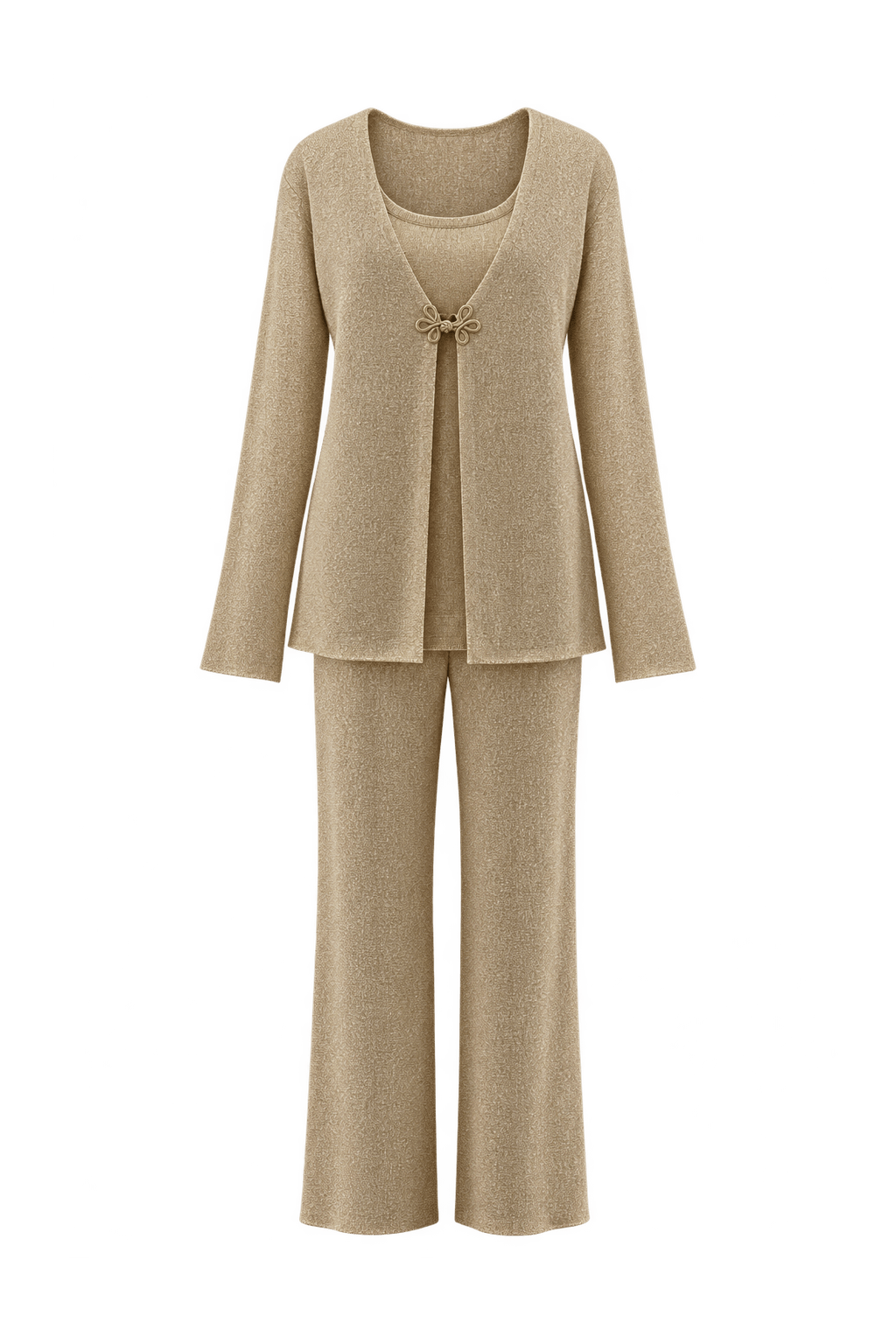 1970s Champagne Gold Metallic Knit Cardigan and Tank Top Set - Front View