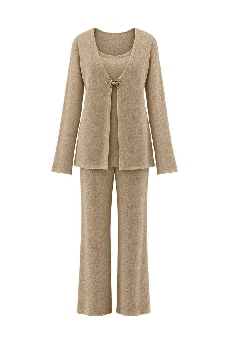 1970s Champagne Gold Metallic Knit Cardigan and Tank Top Set - Front View