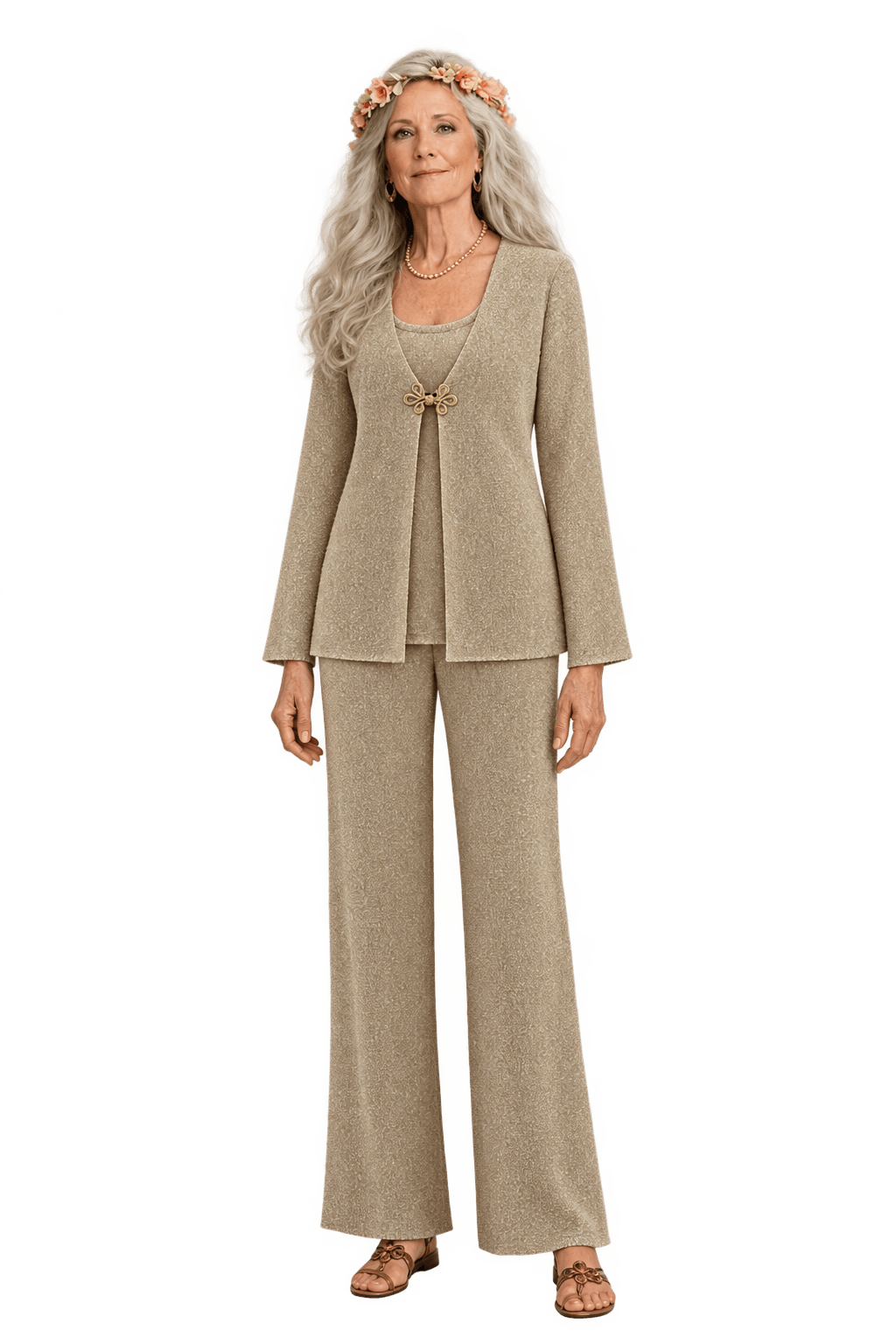 1970s Champagne Gold Metallic Knit Cardigan and Tank Top Set - Model