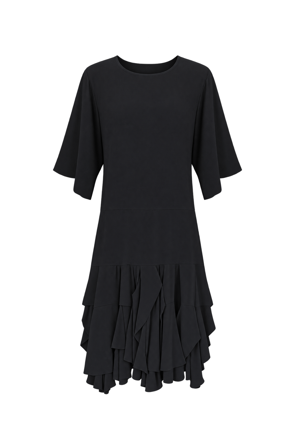 1980s Charcoal Black Fluid Dress - Front View