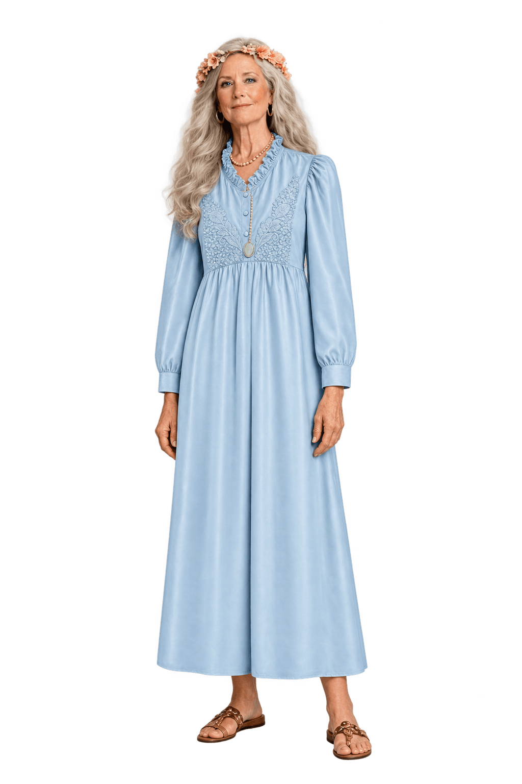 1970s Pale Ice Blue Satin Maxi Dress - Model