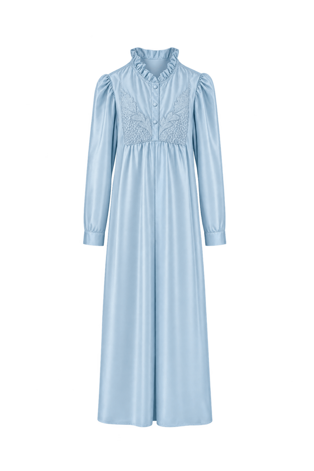 1970s Pale Ice Blue Satin Maxi Dress - Front View