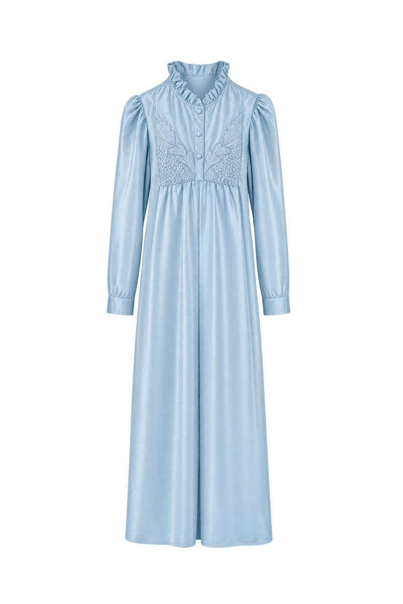 1970s Pale Ice Blue Satin Maxi Dress - Front View