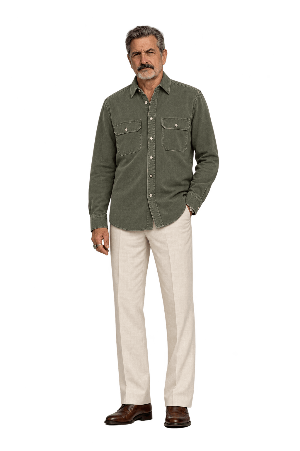 1980s Olive Drab Cotton Button-Down Shirt - Model