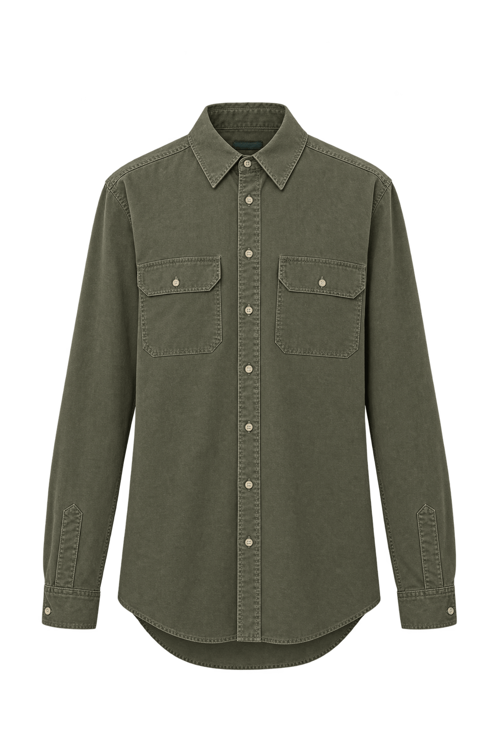 1980s Olive Drab Cotton Button-Down Shirt - Front View