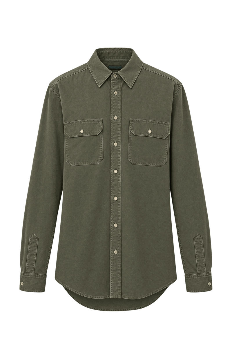 1980s Olive Drab Cotton Button-Down Shirt - Front View