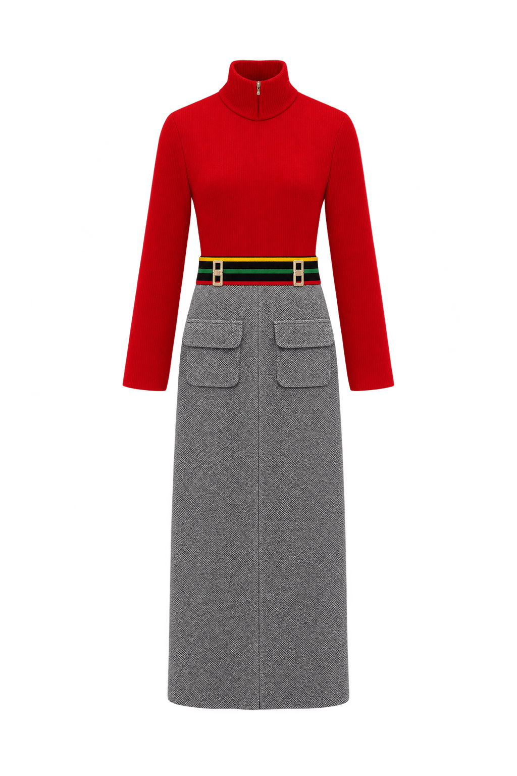 A bright red, long-sleeved maxi dress with a high neck and a close-fitting ribbe - Front View