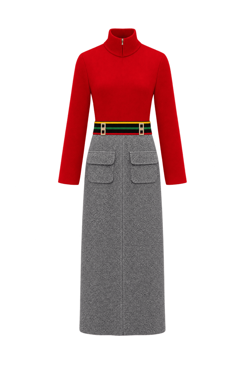 A bright red, long-sleeved maxi dress with a high neck and a close-fitting ribbe - Front View