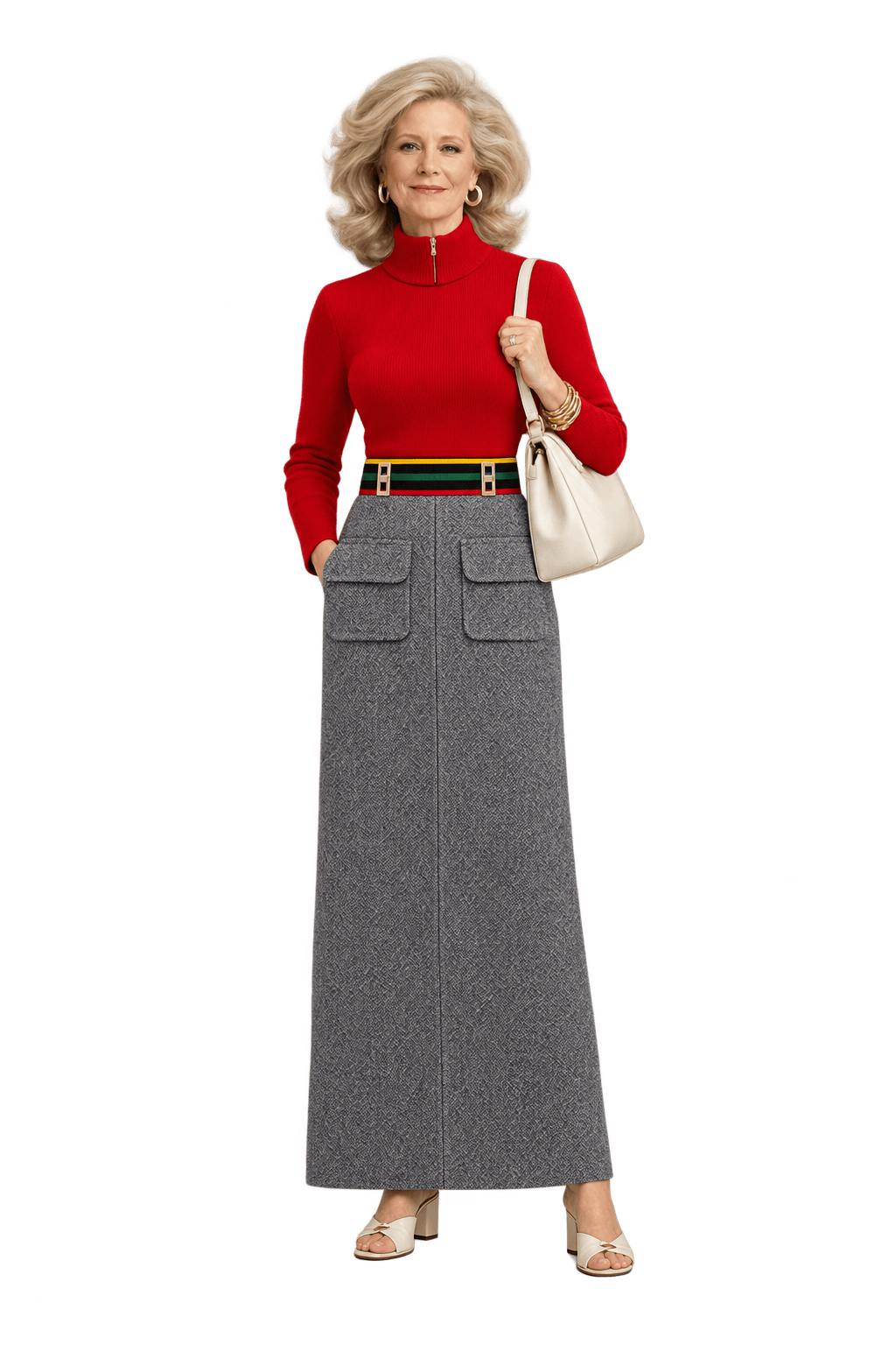 A bright red, long-sleeved maxi dress with a high neck and a close-fitting ribbe - Model