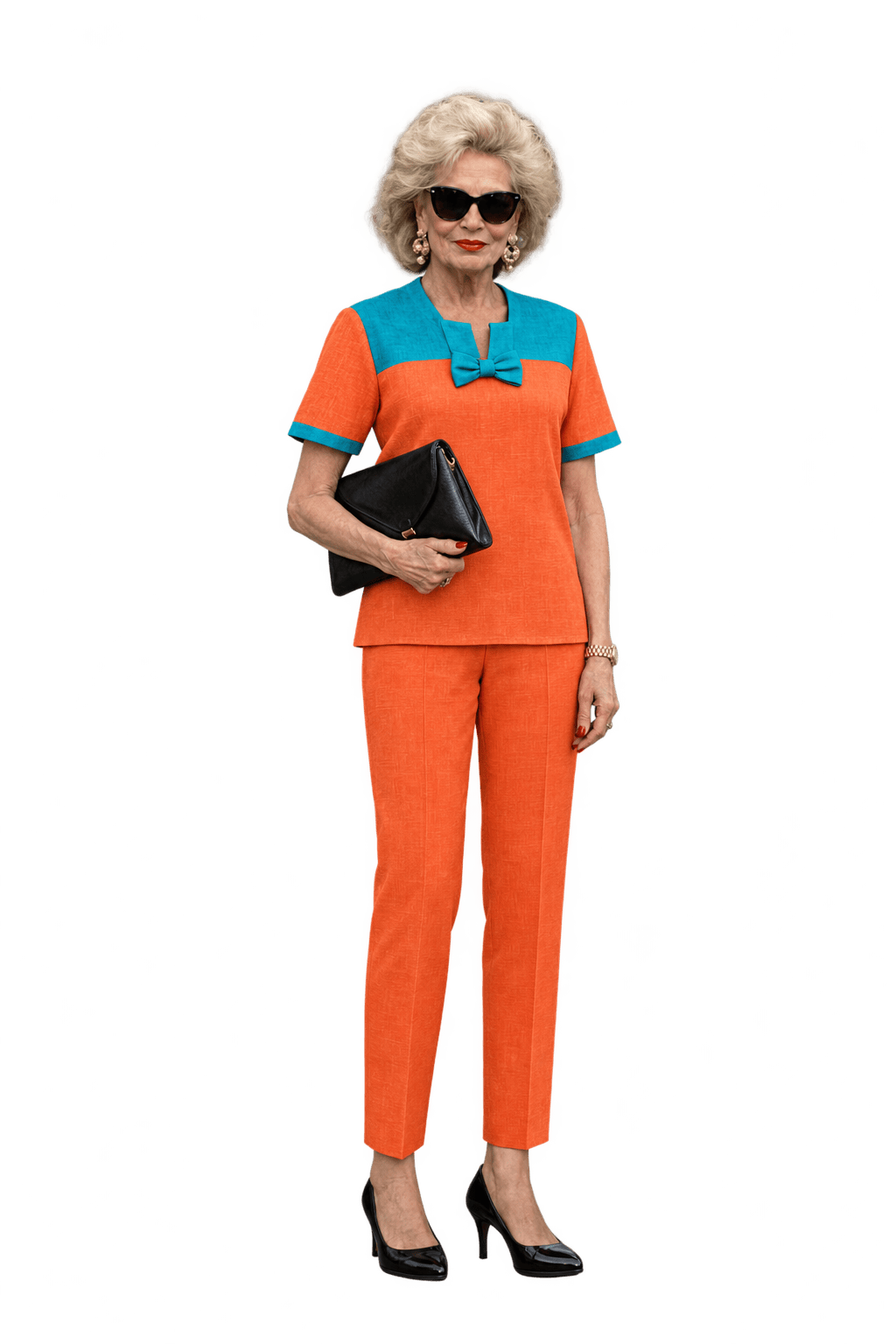 1980s Coral Orange Slubbed Woven Blouse and Trousers Set - Model