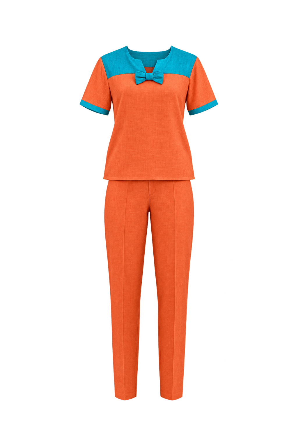 1980s Coral Orange Slubbed Woven Blouse and Trousers Set - Front View