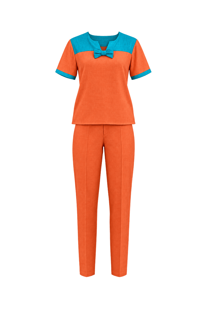 1980s Coral Orange Slubbed Woven Blouse and Trousers Set - Front View