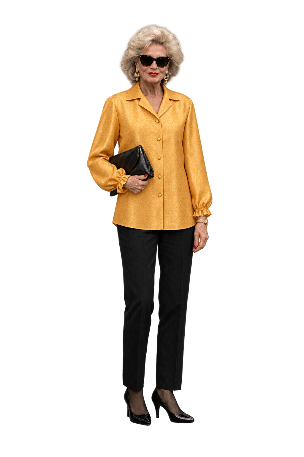 1980s Golden Orange Satin Jacquard Blouse - Model