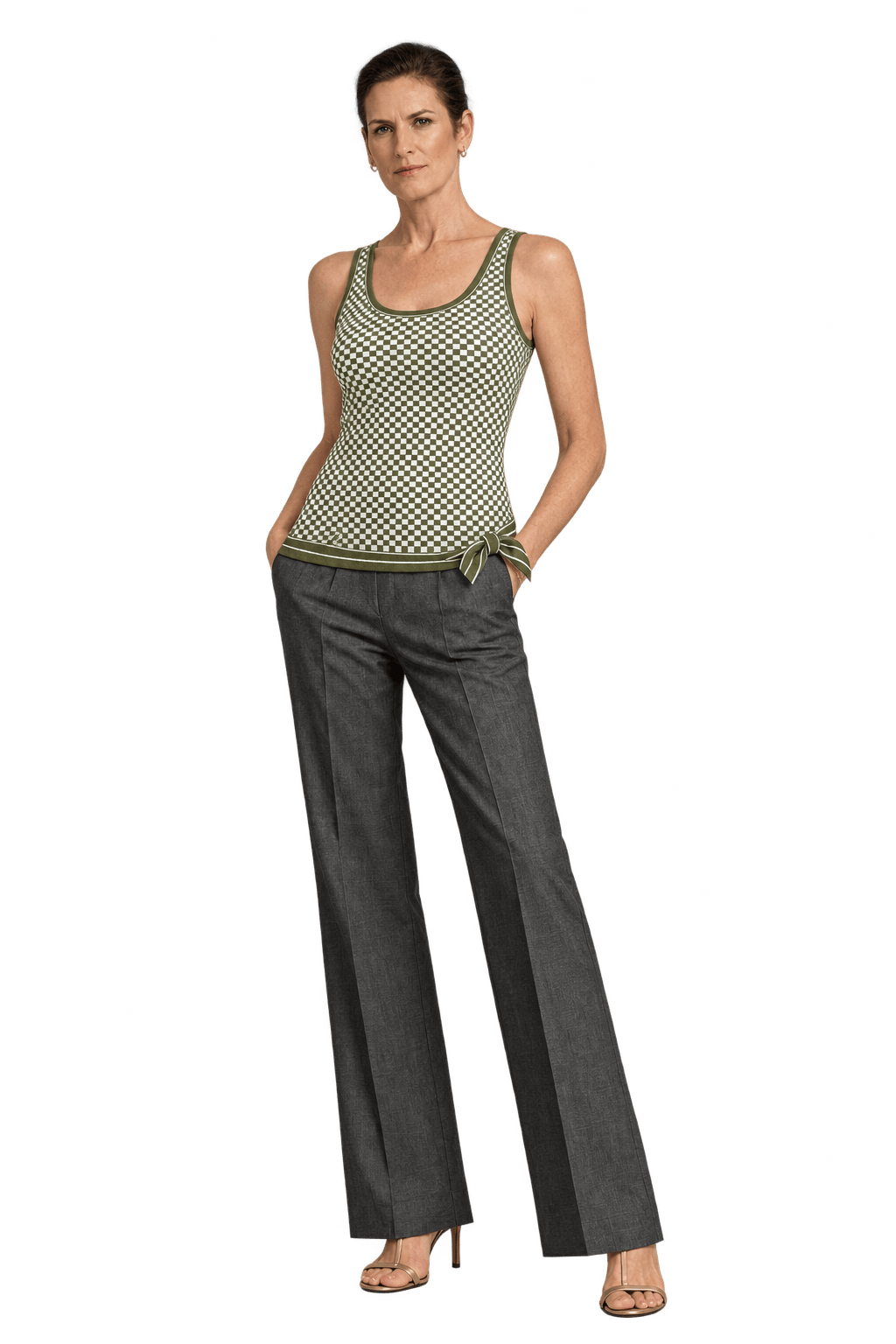 1990s Olive Green Synthetic Swimwear Knit Tankini Top - Model