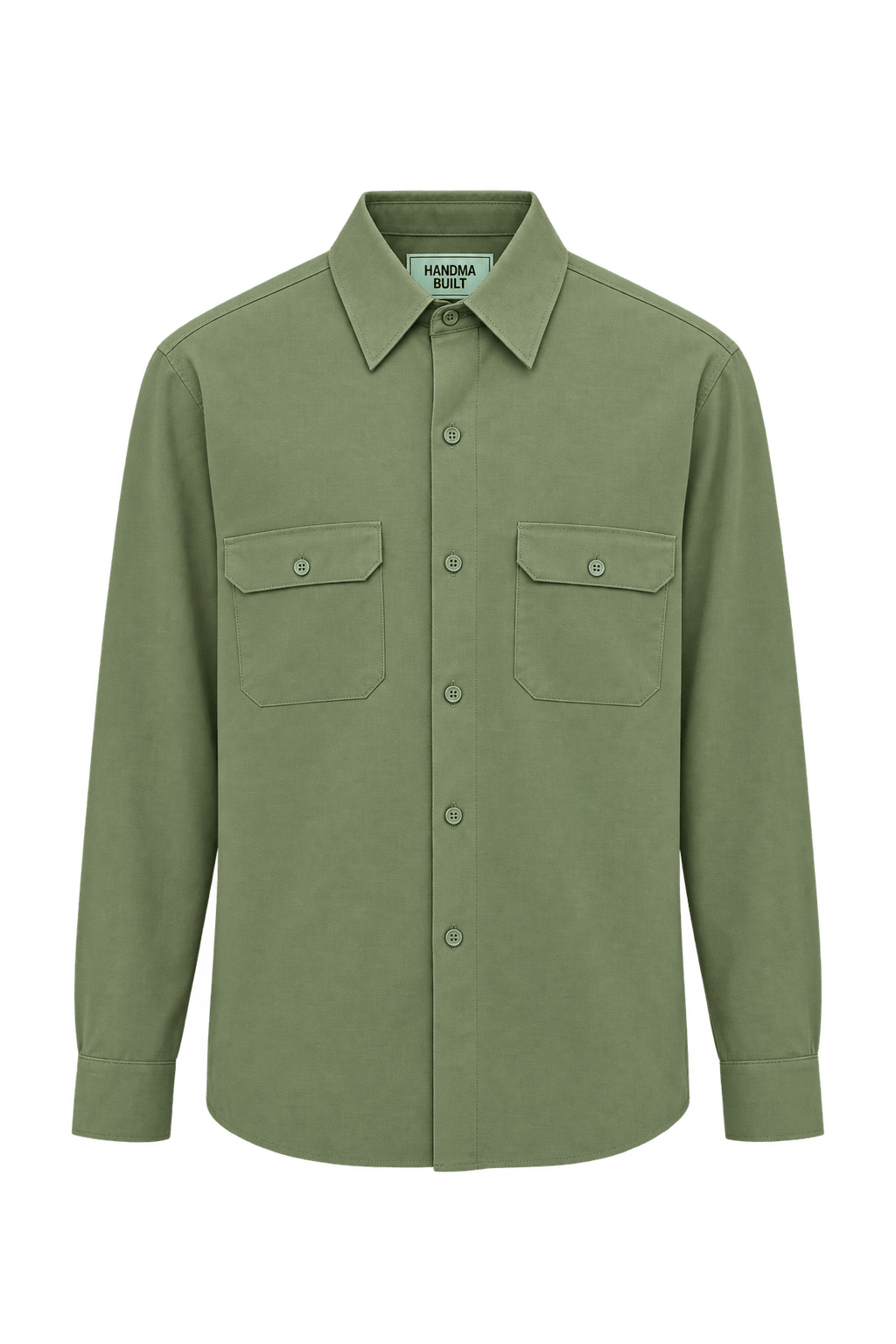 1980s Olive Khaki Woven Fabric Button-Down Shirt - Front View