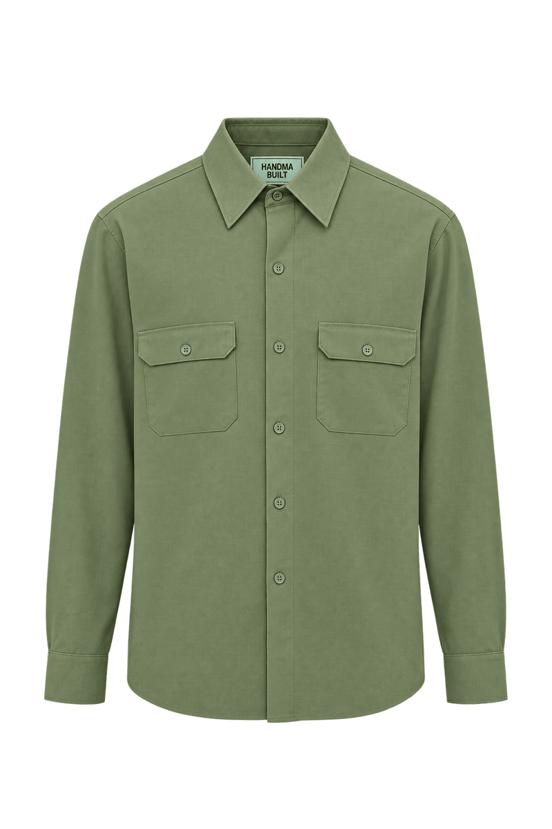 1980s Olive Khaki Woven Fabric Button-Down Shirt - Front View