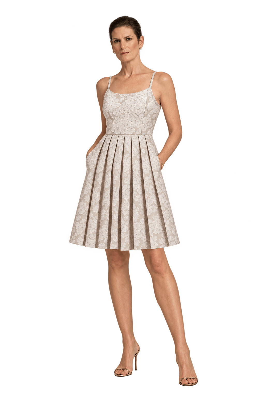 1990s Champagne Beige Woven Brocade Dress - Model