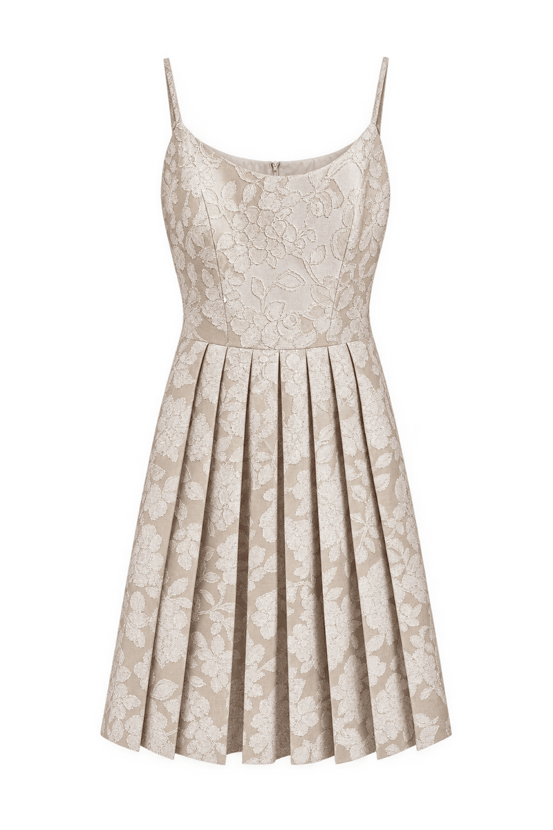 1990s Champagne Beige Woven Brocade Dress - Front View