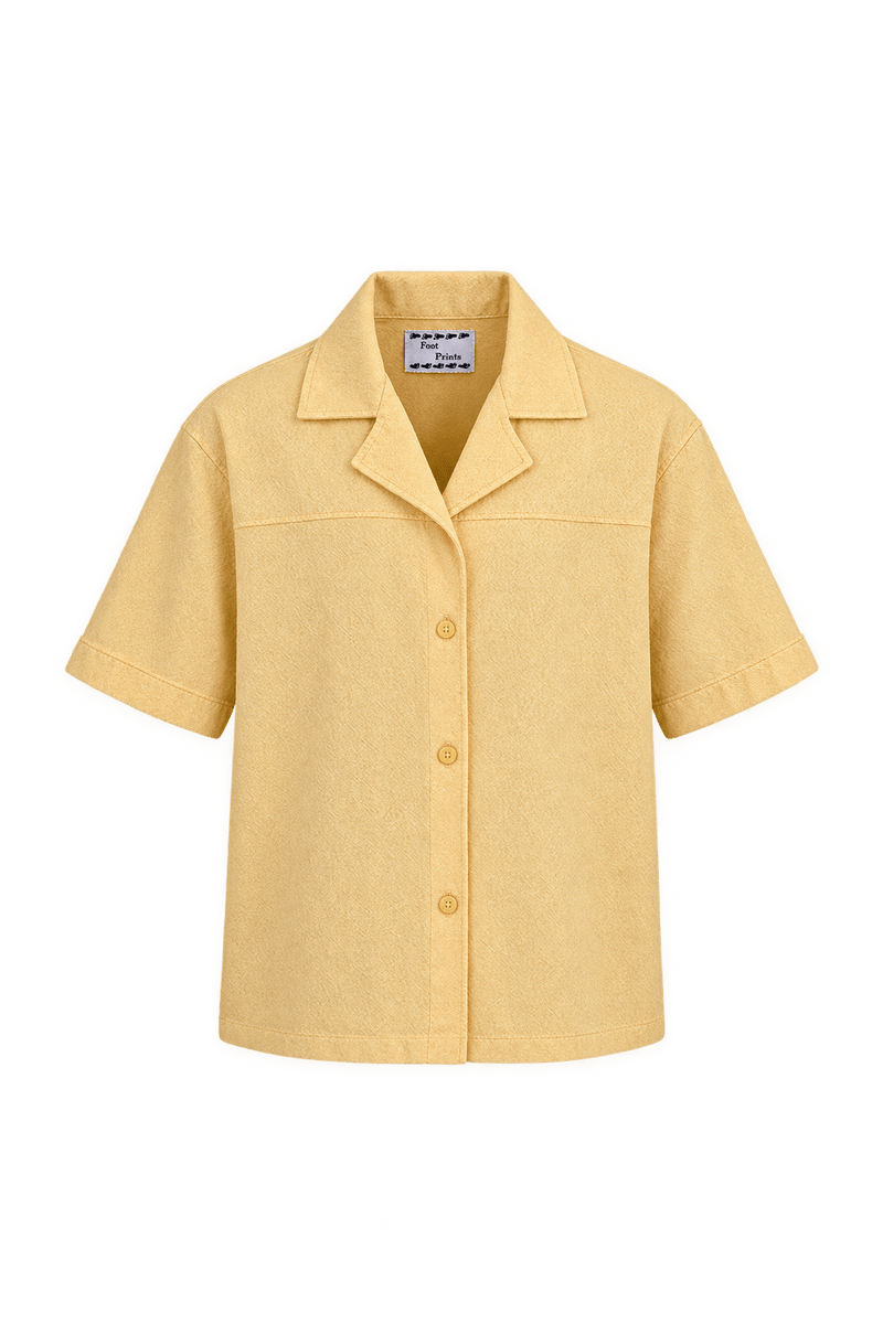 1980s Butter Yellow Woven Fabric Camp Collar Shirt - Front View