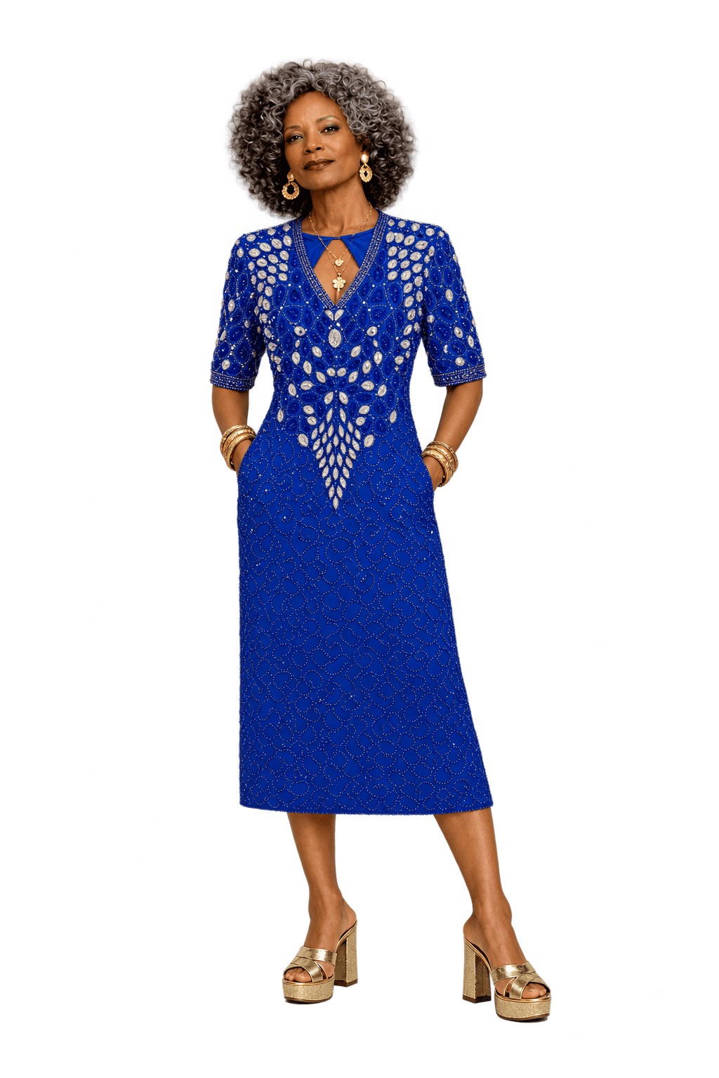 1980s Cobalt Blue Synthetic Midi Dress - Model