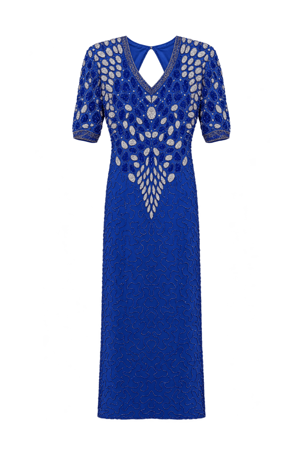 1980s Cobalt Blue Synthetic Midi Dress - Front View