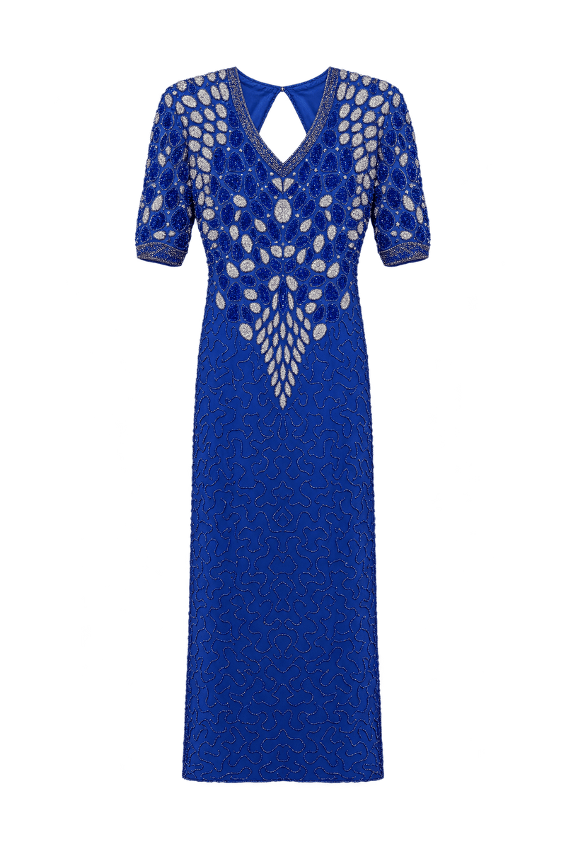 1980s Cobalt Blue Synthetic Midi Dress - Front View