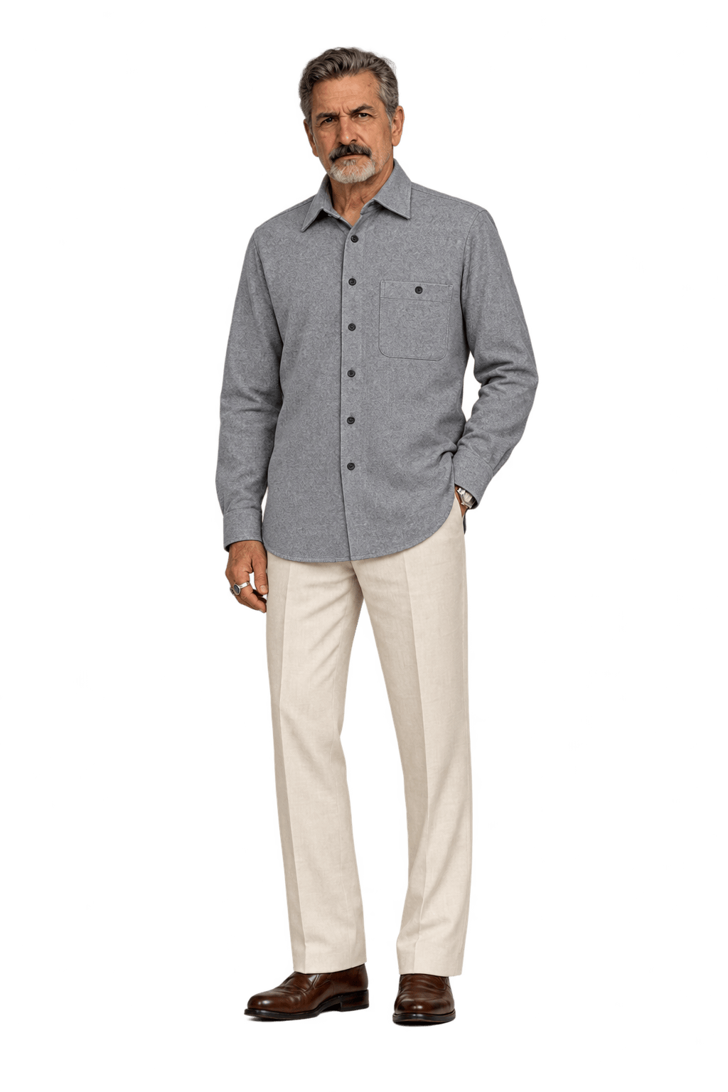 1980s Light Grey Woven Fabric Button-Down Shirt - Model