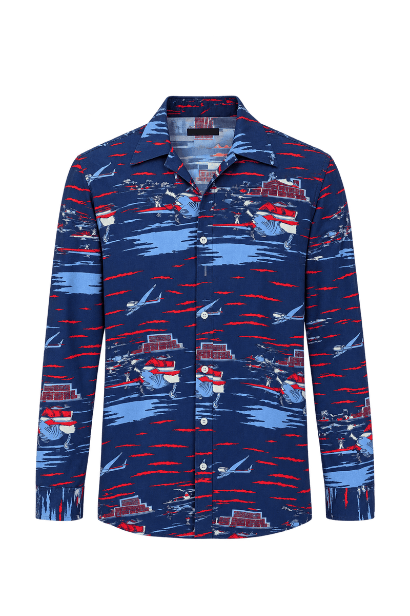 1990s Navy Blue Woven Fabric Button-Down Shirt - Front View