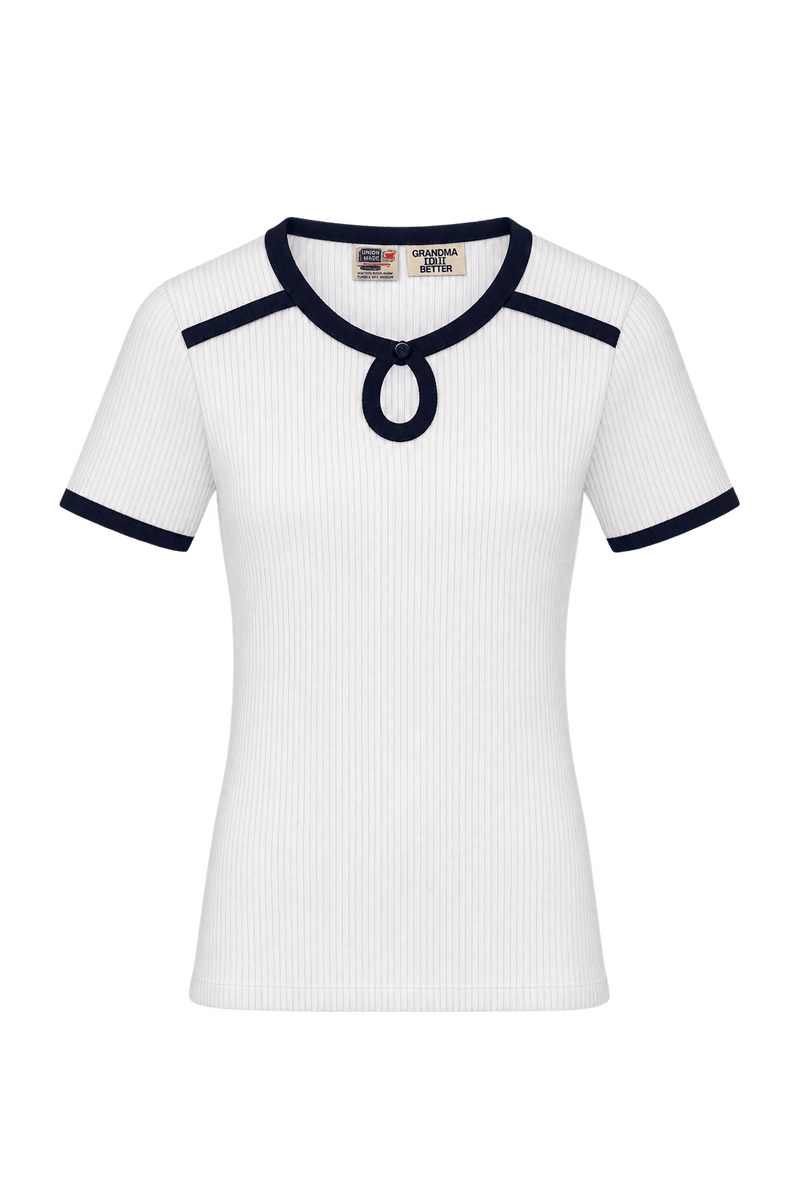 1960s Ivory White Ribbed Knit T-Shirt - Front View