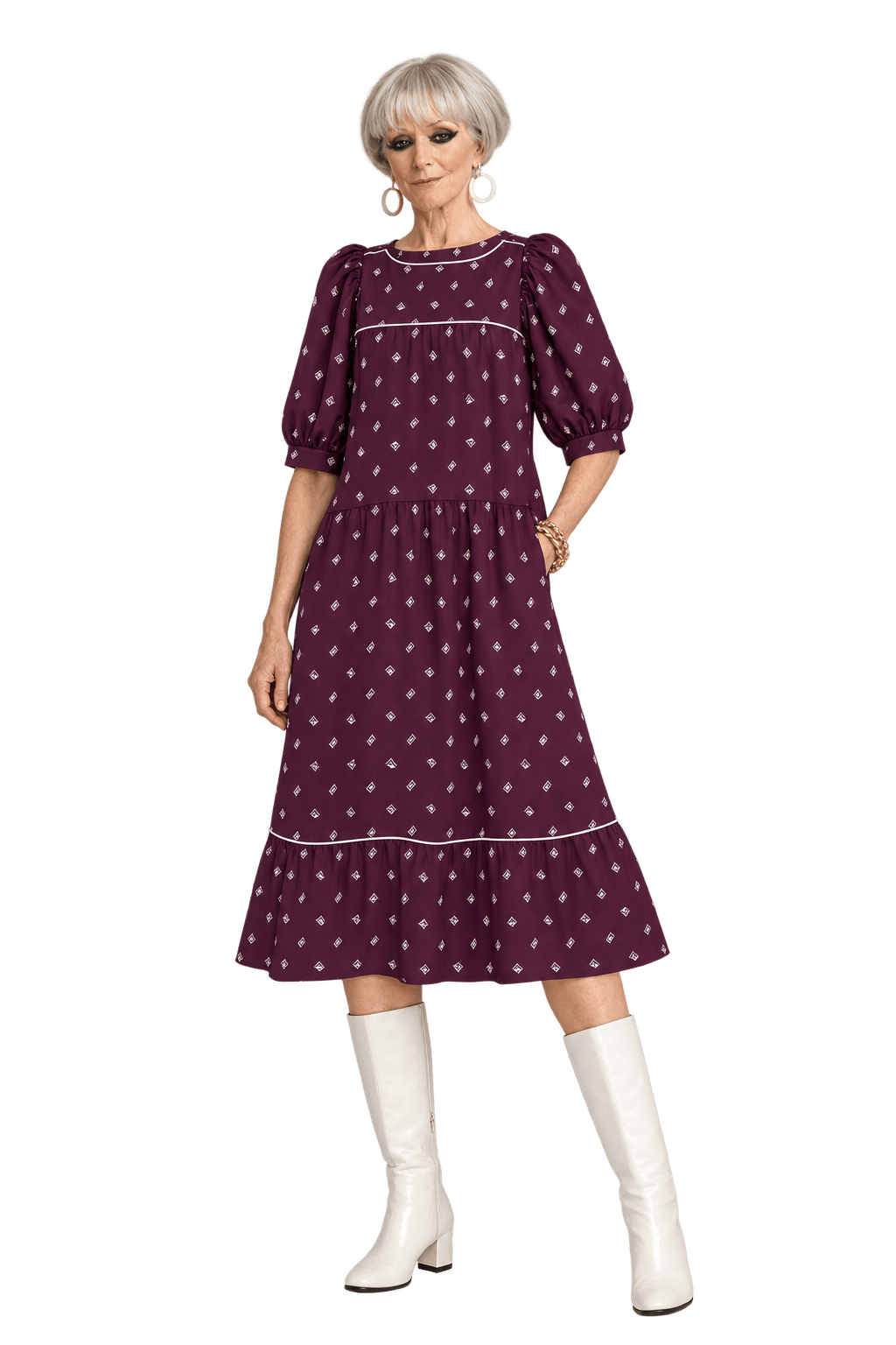 1960s Deep Burgundy Woven Midi Dress - Model