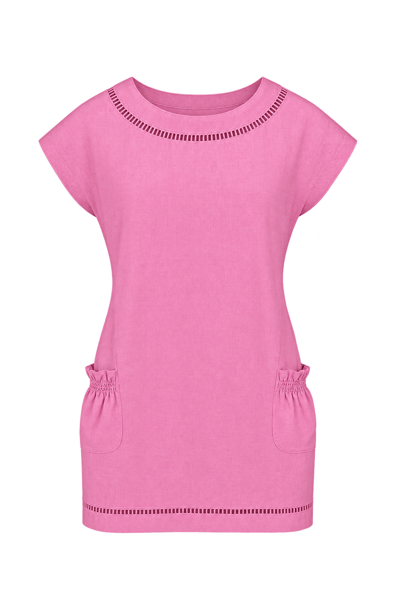1970s Bright Pink Woven Mini Dress - Front View