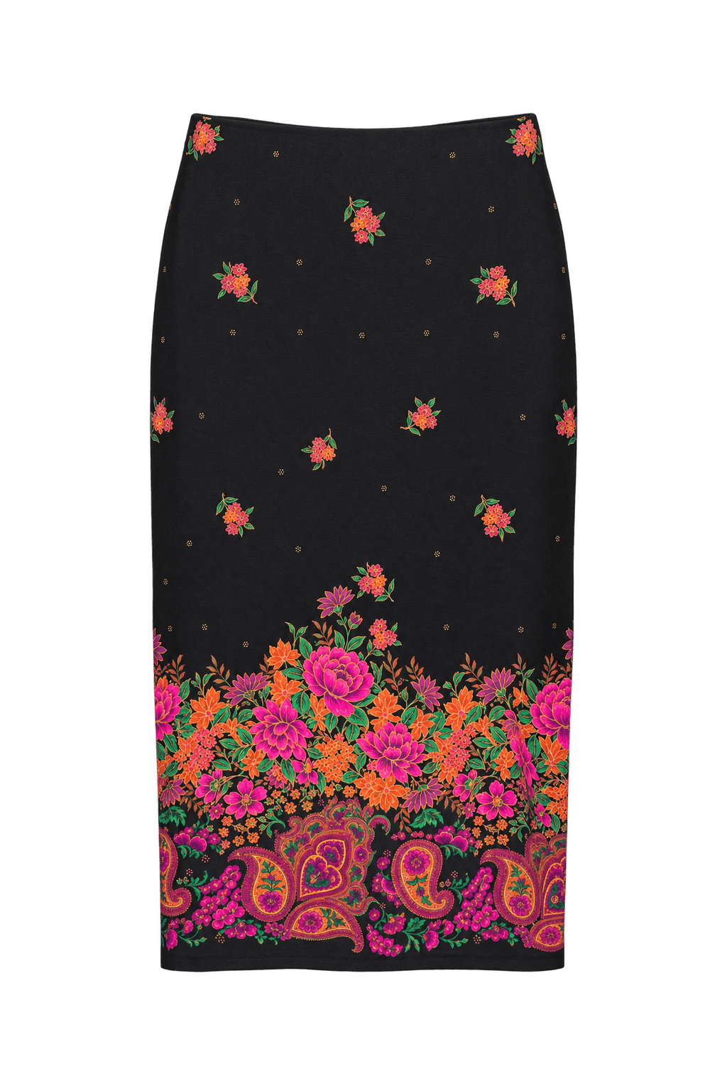 1970s Black Woven Skirt with Floral & Paisley Print - Front View