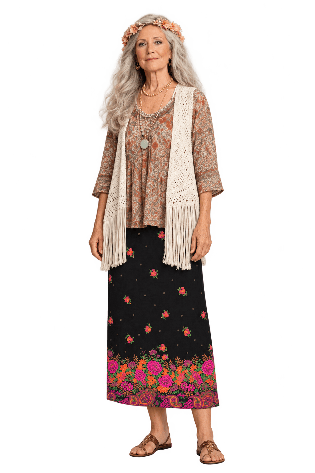 1970s Black Woven Skirt with Floral & Paisley Print - Model