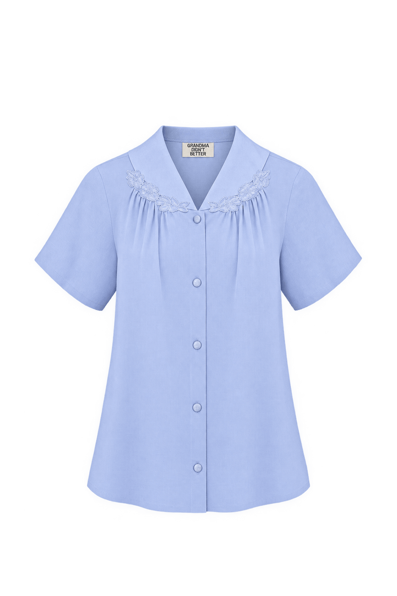 1980s Pale Periwinkle Blue Woven Blouse - Front View