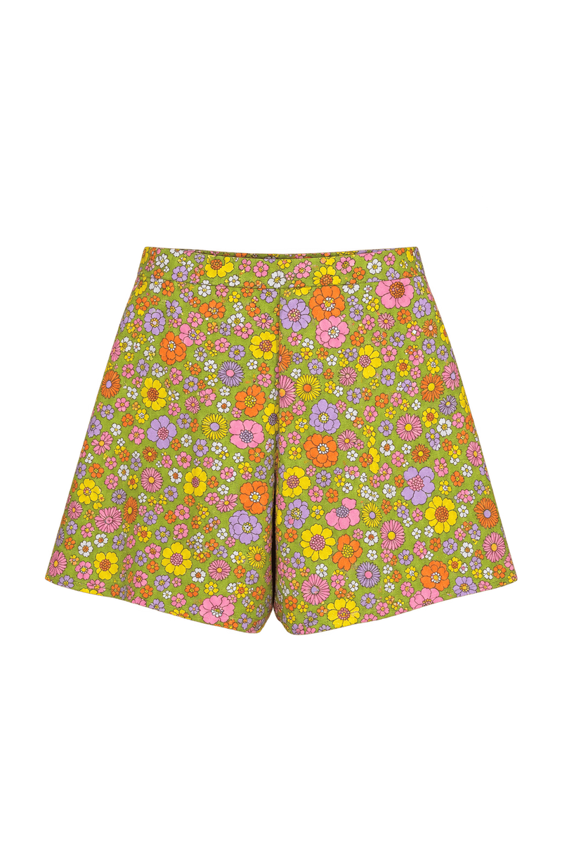 1960s Olive Green Woven Fabric Shorts - Front View