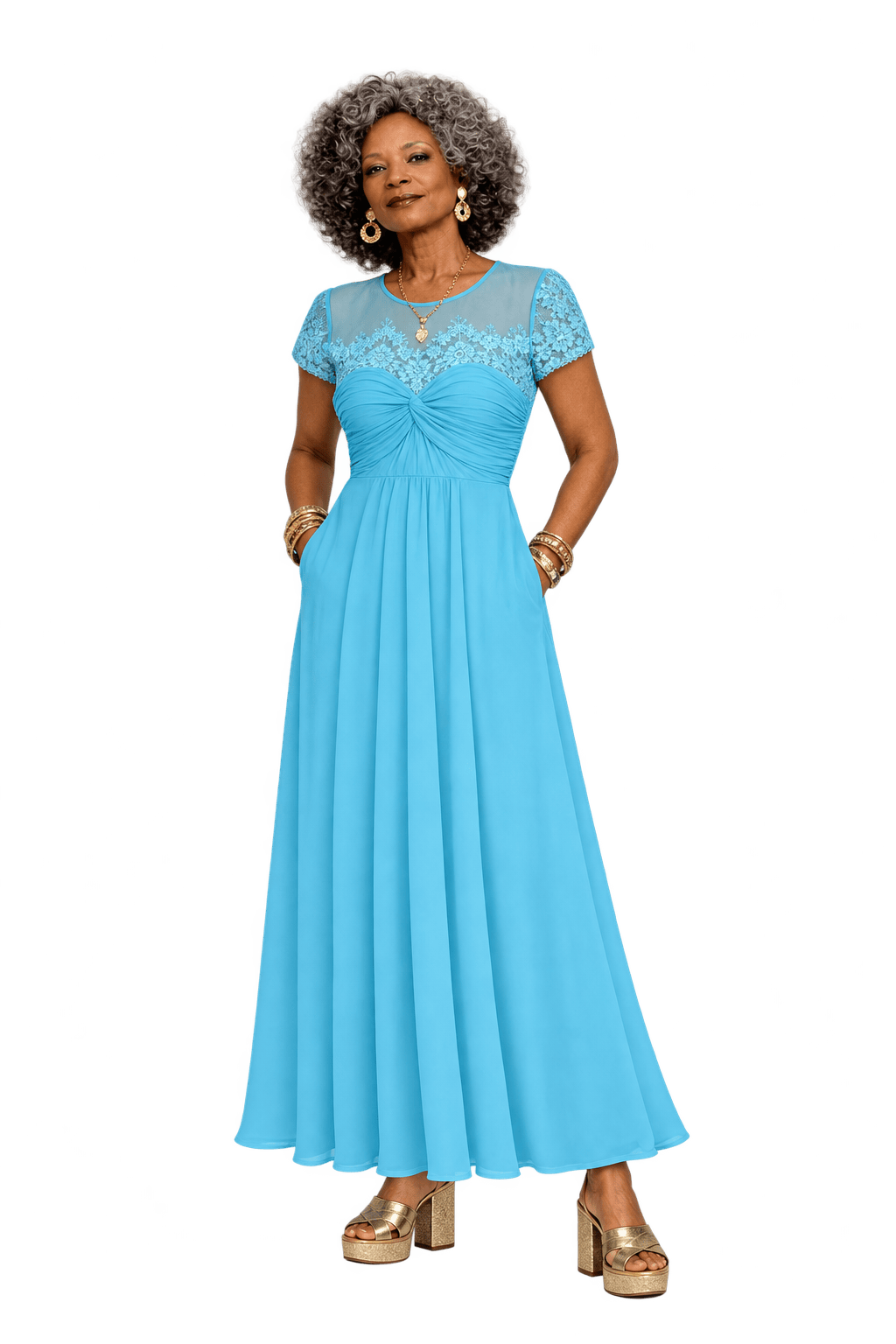 1980s Aqua Blue Chiffon Maxi Dress - Model