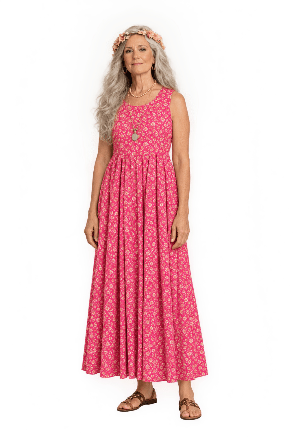 1970s Bright Raspberry Pink Woven Maxi Dress - Model