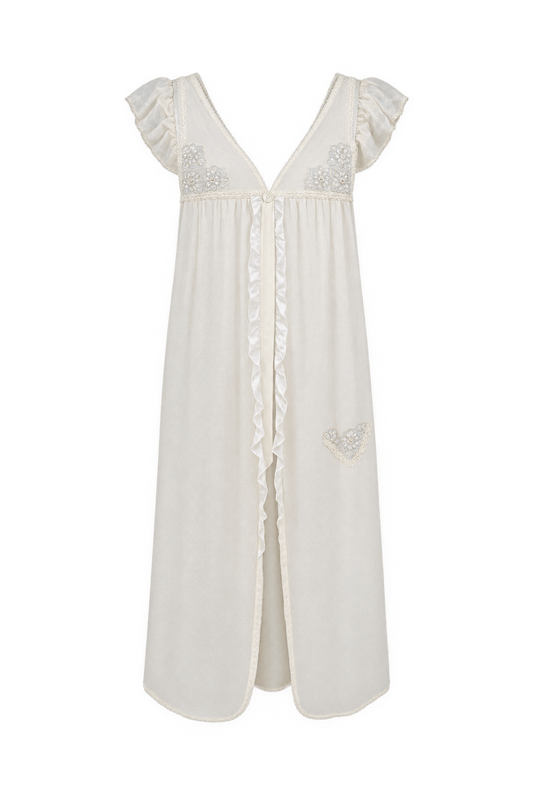 1950s Cream White Lightweight Peignoir Robe - Front View