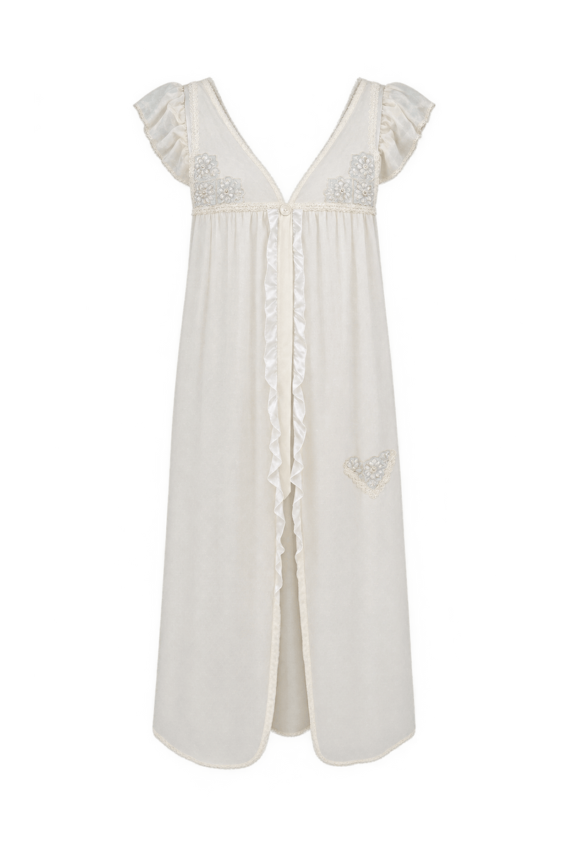 1950s Cream White Lightweight Peignoir Robe - Front View