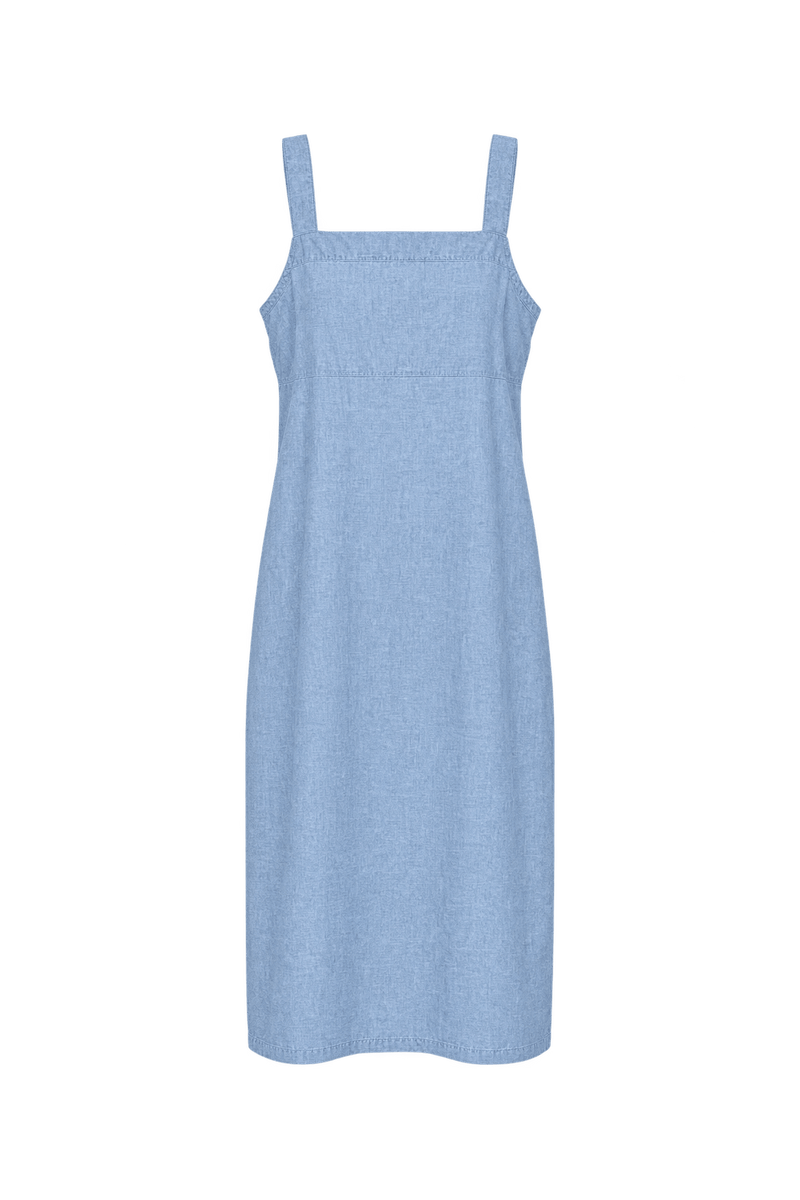 1970s Light Washed Blue Cotton Chambray Midi Dress - Front View