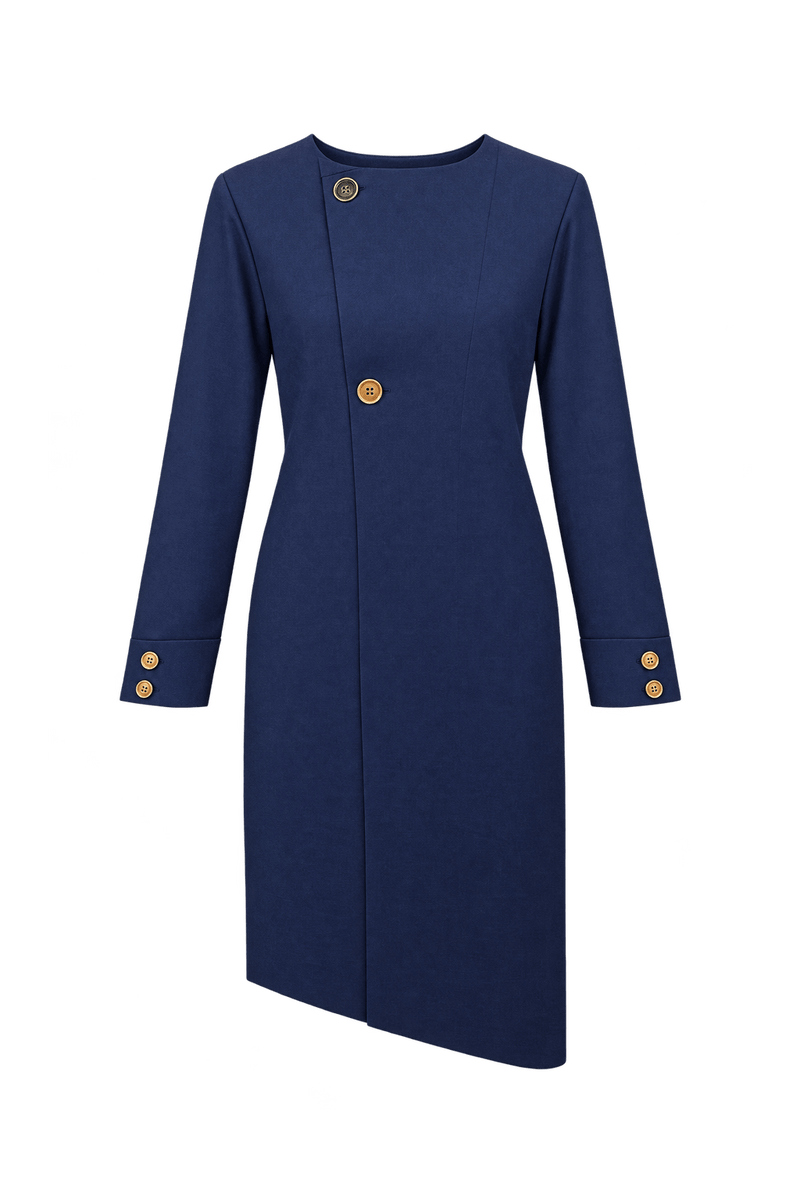 1980s Dark Navy Blue Woven Dress - Front View