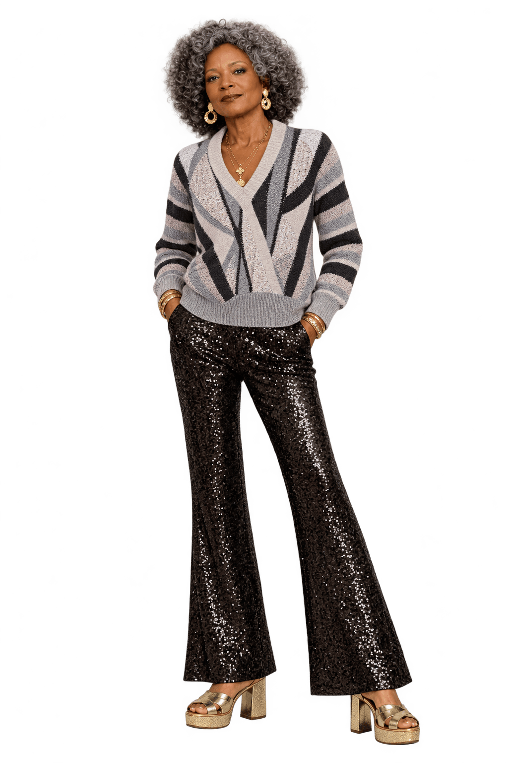 1980s Cream and Gray Mixed Knit Sweater - Model