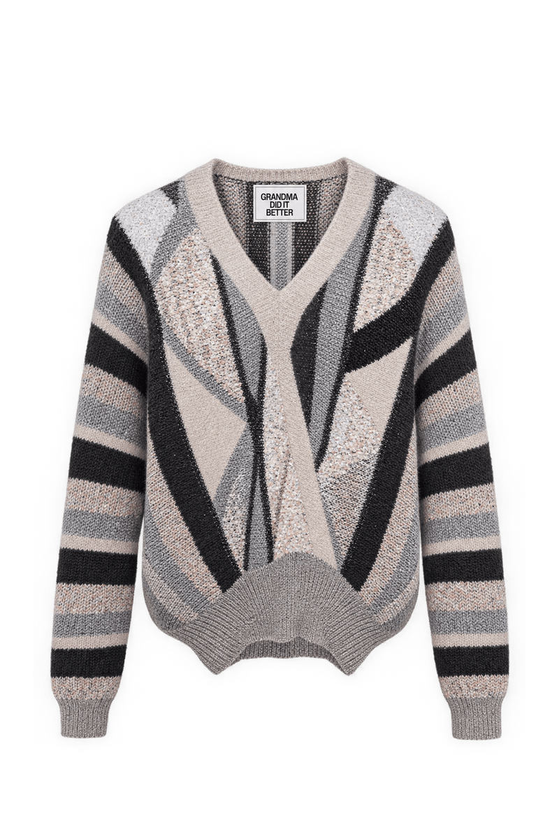 1980s Cream and Gray Mixed Knit Sweater - Front View
