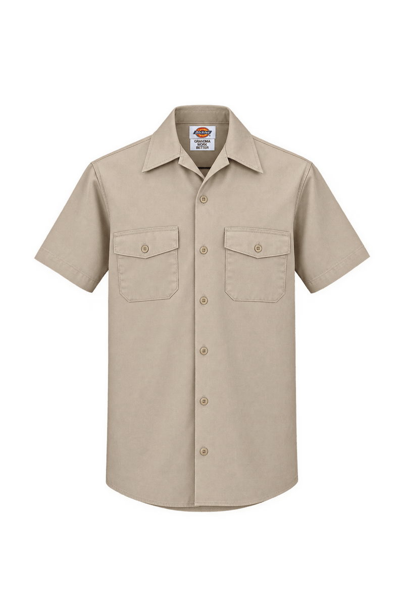 1990s Light Khaki Beige Woven Cotton Work Shirt - Front View