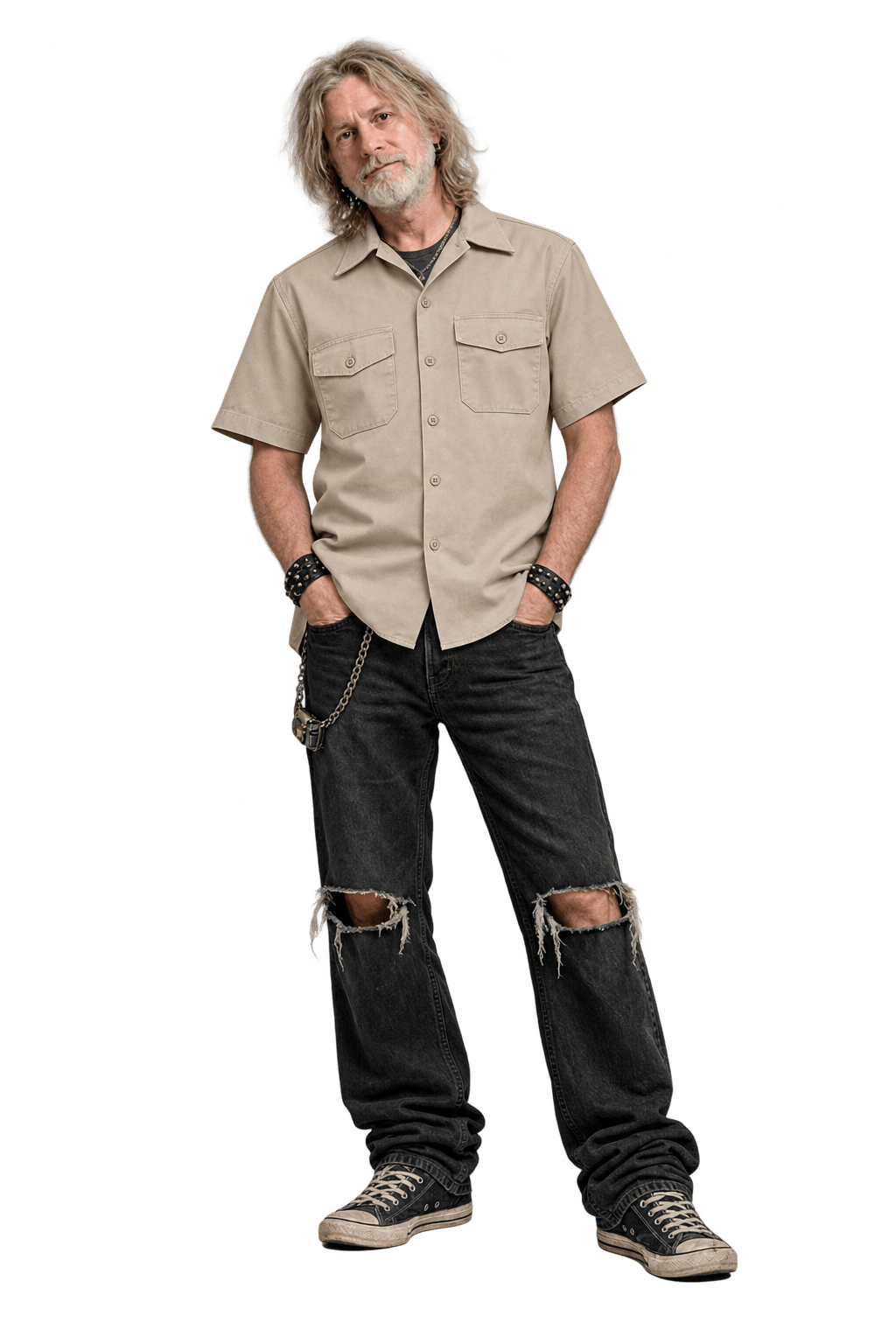 1990s Light Khaki Beige Woven Cotton Work Shirt - Model