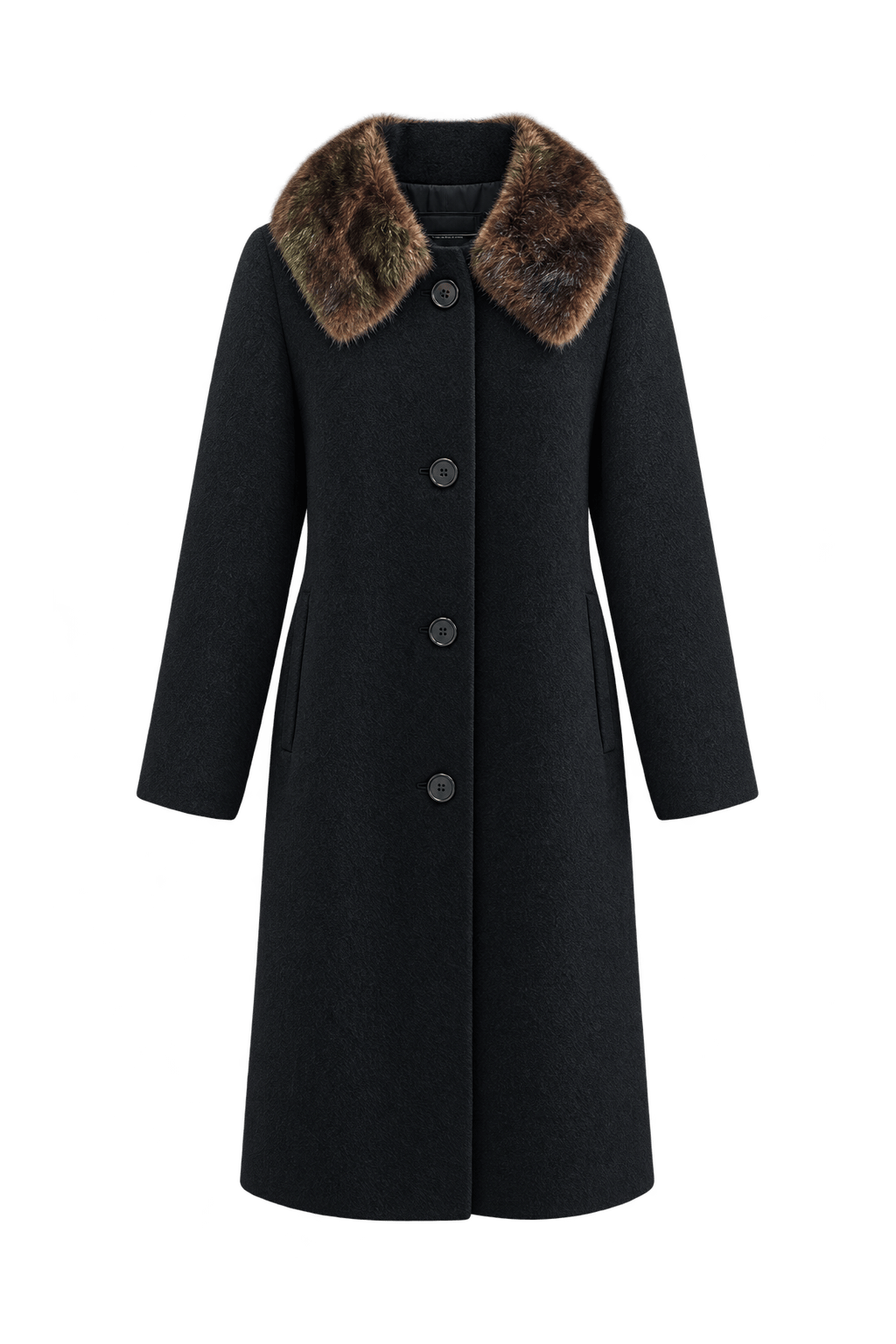 1960s Black Woven Coat with Dark Brown Fur Collar - Front View