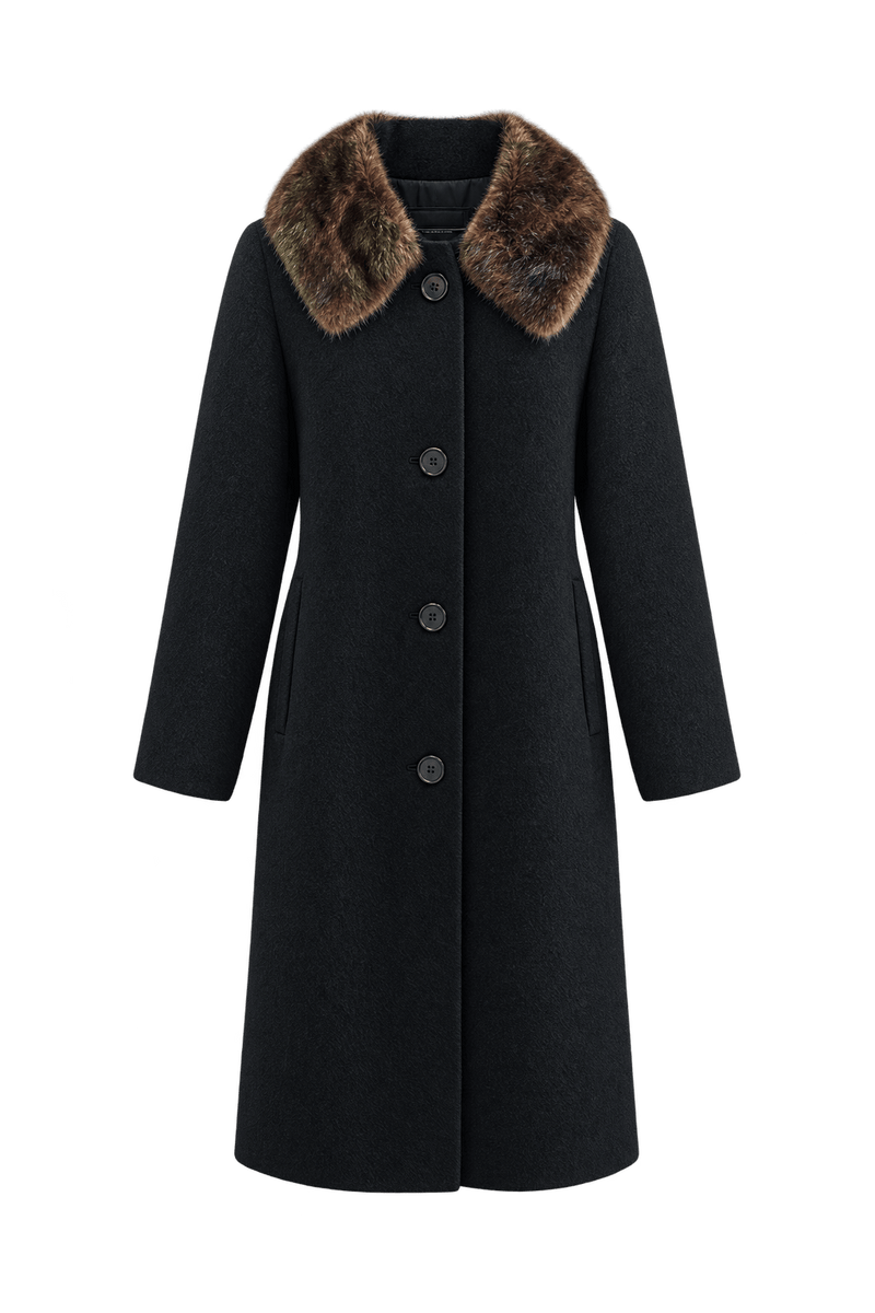 1960s Black Woven Coat with Dark Brown Fur Collar - Front View