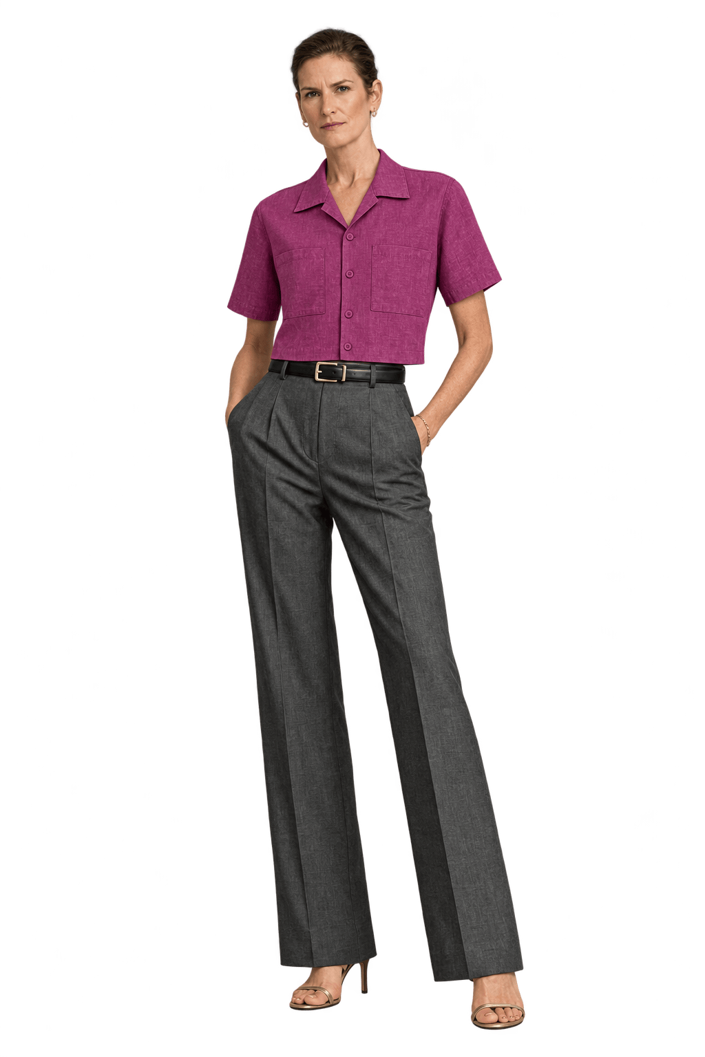 1990s Deep Magenta Purple Woven Button-Down Shirt - Model